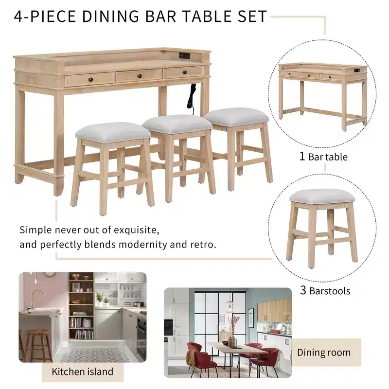 Whisen 4-Piece Dining Bar Table Set with 3 Upholstered Stools and 3 Drawers