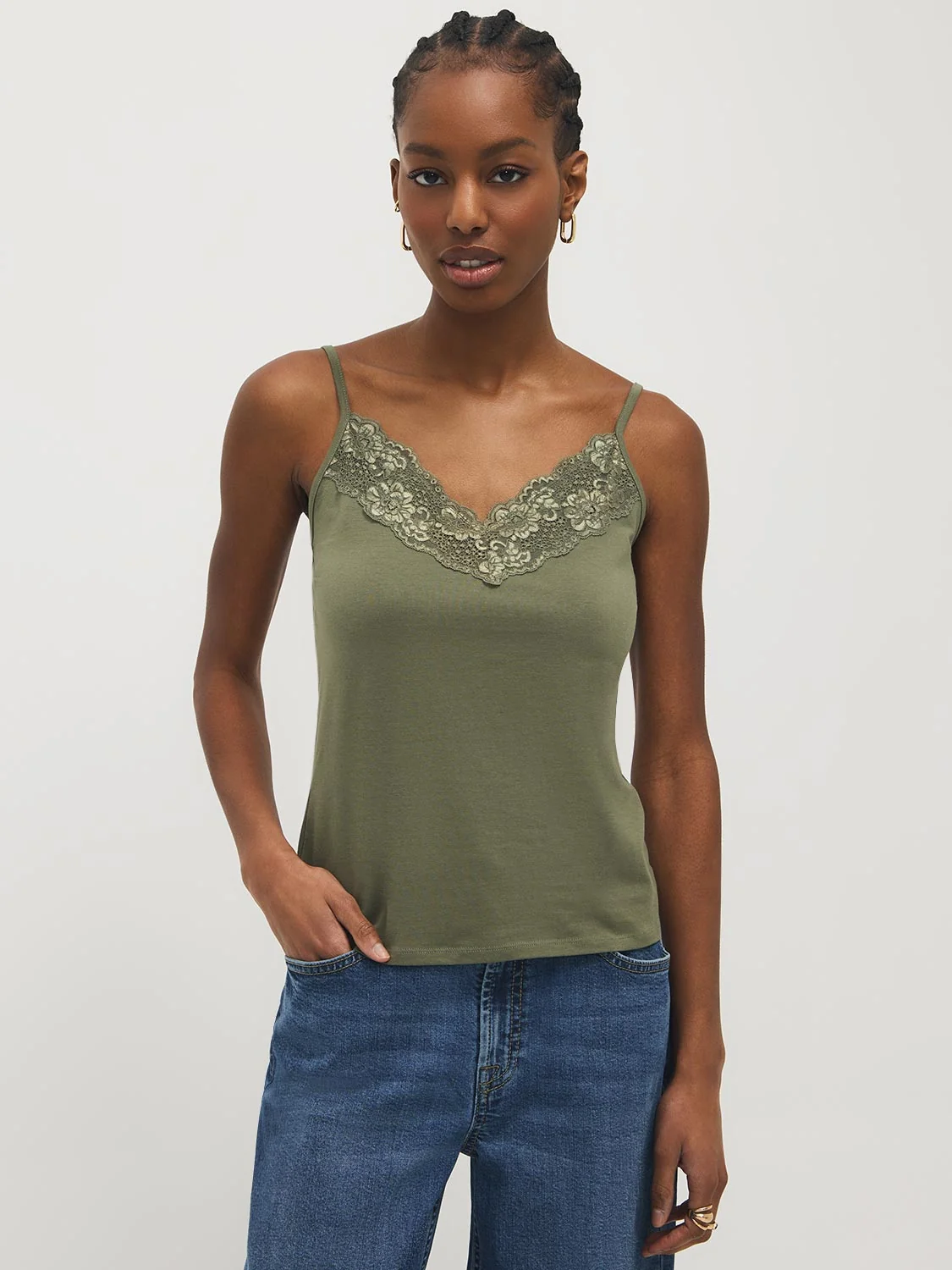 Cotton-Blend Tank Top With Lace Trim
