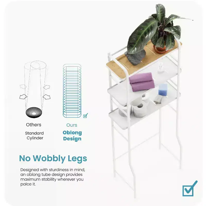 Home Zone Living Over-the-Toilet 3-Tier Storage Organizer with Bamboo Accent and Steel Frame, Freestanding Bathroom Shelf, White