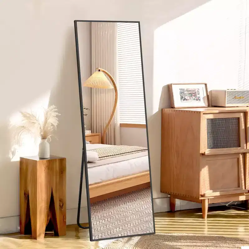 58 inch Modern Rectangle Full Length Mirror Aluminum Alloy Floor Mirror with Stand Black