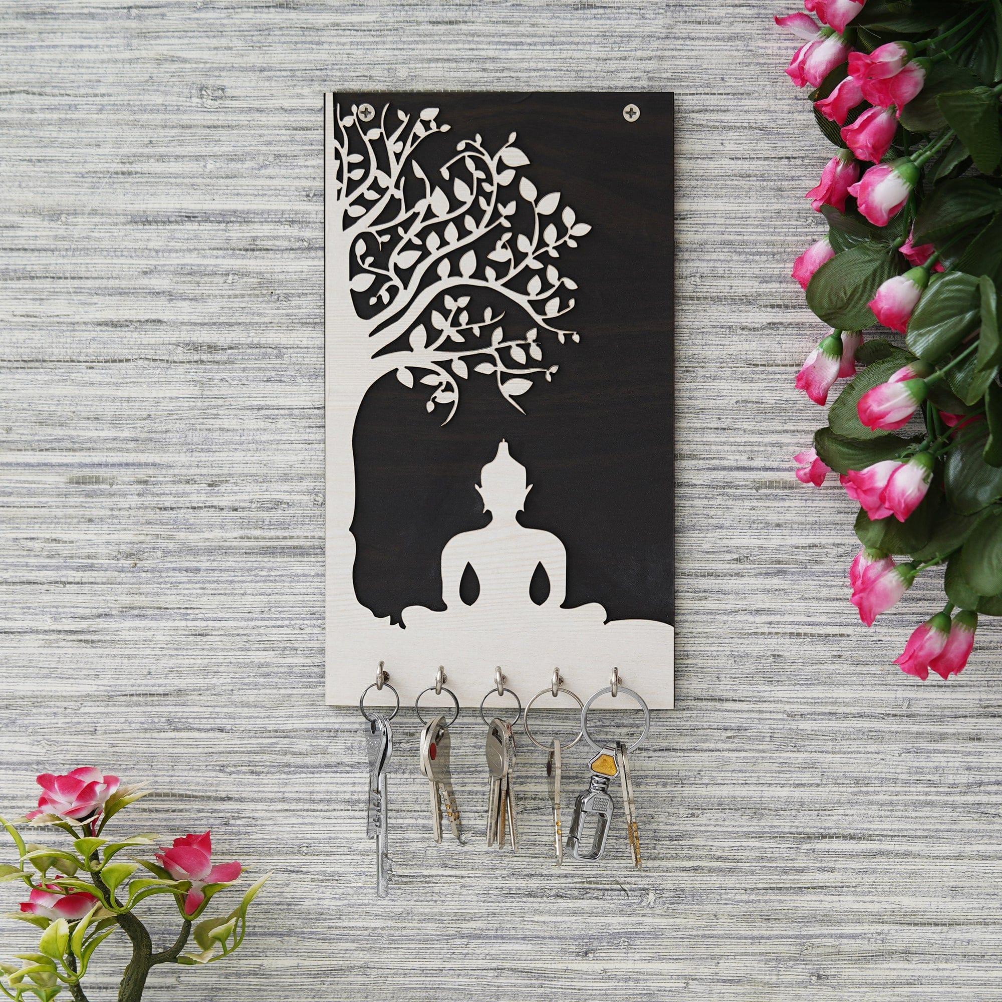 Premium Wooden Gautam Buddha Key Holder for Home and Office Decor| Keychain Holder for Home| Key Holder for Office Decor(10.5 Inches, 5 Hooks)