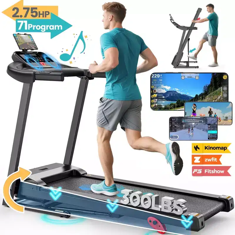 2.75HP Folding Treadmill w/ 300lb Capacity, 3 Incline, 7.5MPH Portable Treadmill for Home , 64+6+1 Program, Smart APP, Bluetooth HiFi Stereo Speakers