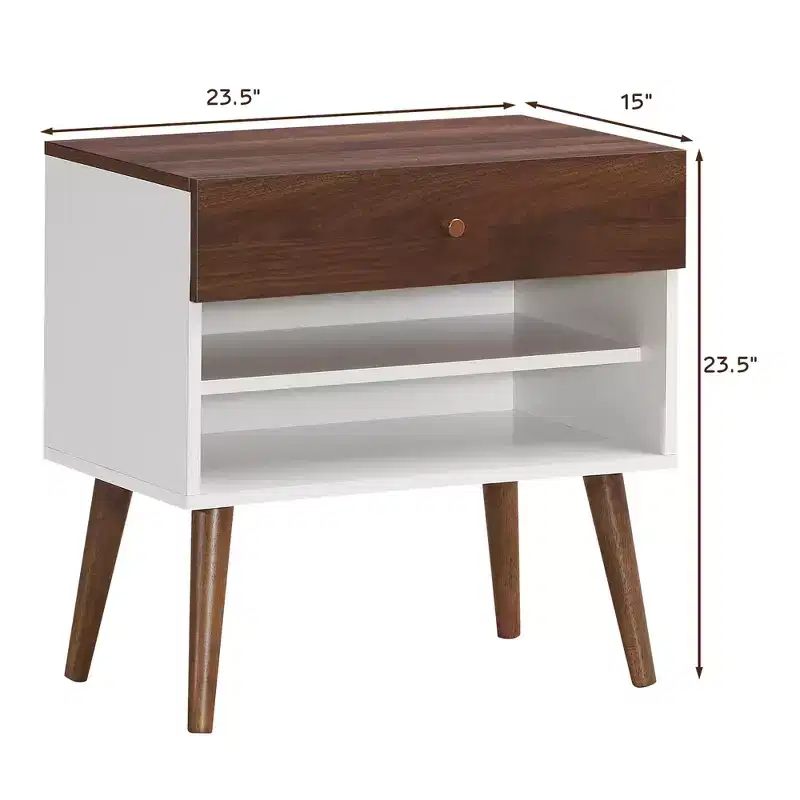 Costway Nightstand End Side Table Drawer Storage Shelf Mid-Century Rubber Wood Leg