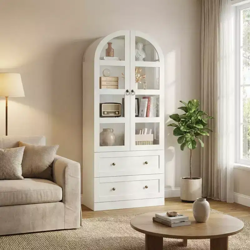 72 Tall Modern Farmhouse Arched Kitchen Pantry Cabinet, Freestanding Wood Storage Cupboard with Glass Doors and Drawers for Dining & Living Room