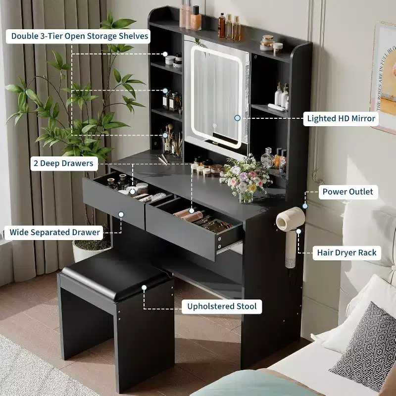Makeup Vanity Desk with Mirror and Lights, 3 Lighting Modes Adjustable Brightness, Hidden Storage Shelves, Padded Stool, for Bedroom