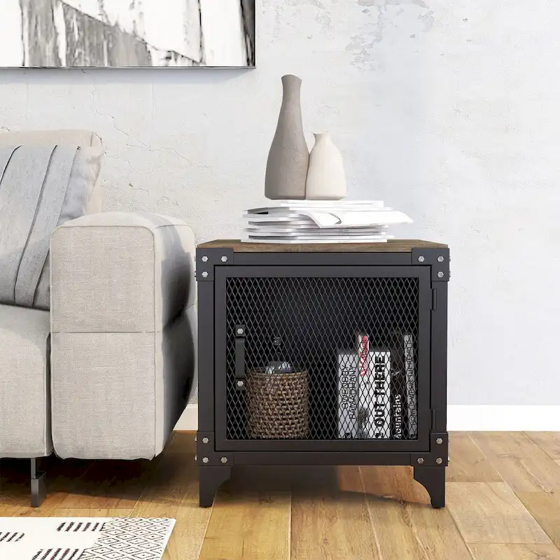 Rustic-Style Dark Walnut Steel Storage Coffee Table and Side Table