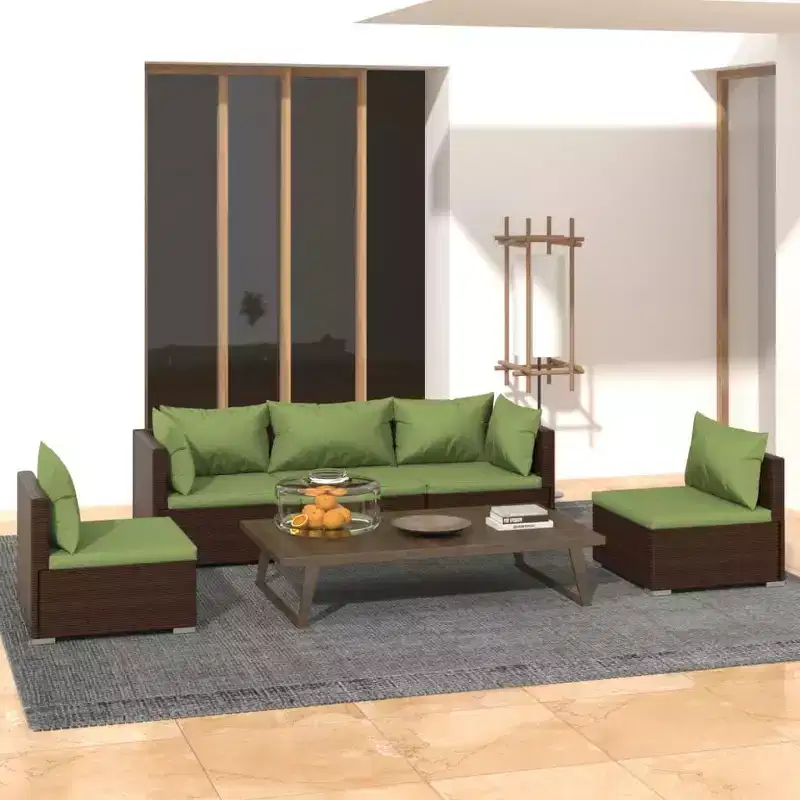 vidaXL Brown Poly Rattan Patio Lounge Set with Cushions - 5 Piece Modular Outdoor Garden Sofa Set, Powder-Coated Steel Frame, Water-Resistant