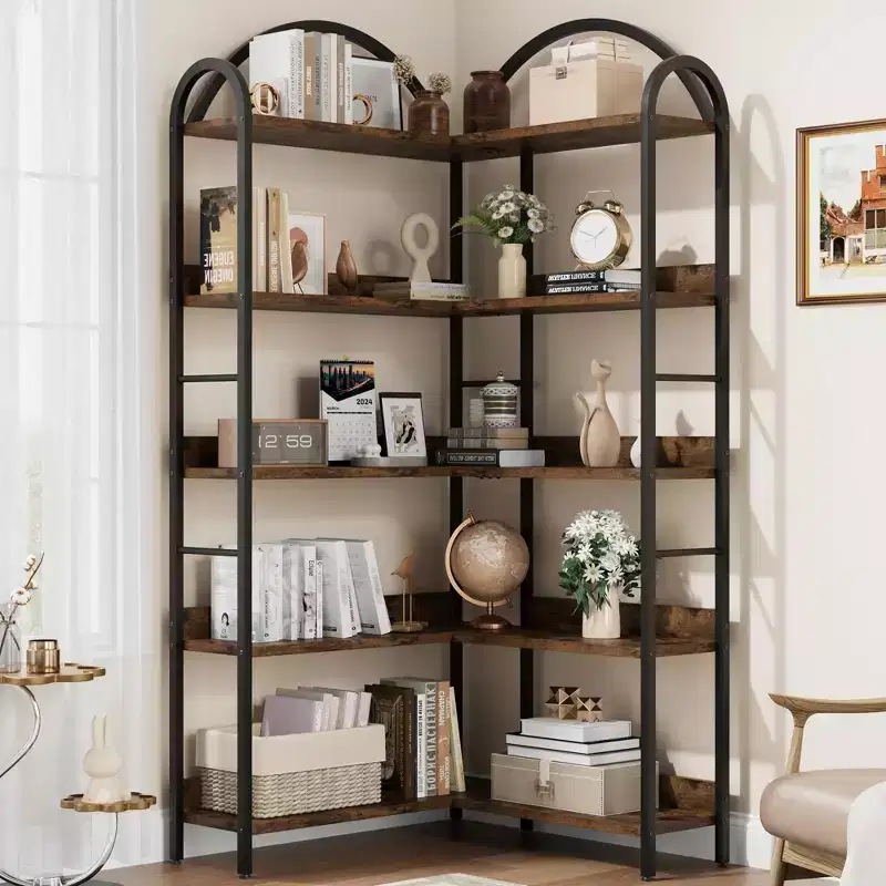 5 Tier Corner Bookcase, Open Shelves Book Storage Organizer, Industrial Wood Bookshelf with Metal Frame for Living Room, Bedroom, Home Office