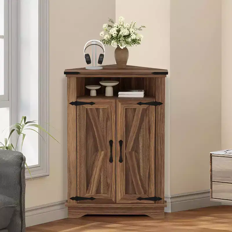 Rustic Corner Cabinet with Sliding Barn Door, Adjustable Shelf Storage Unit for Bathroom Kitchen Living Room Entryway