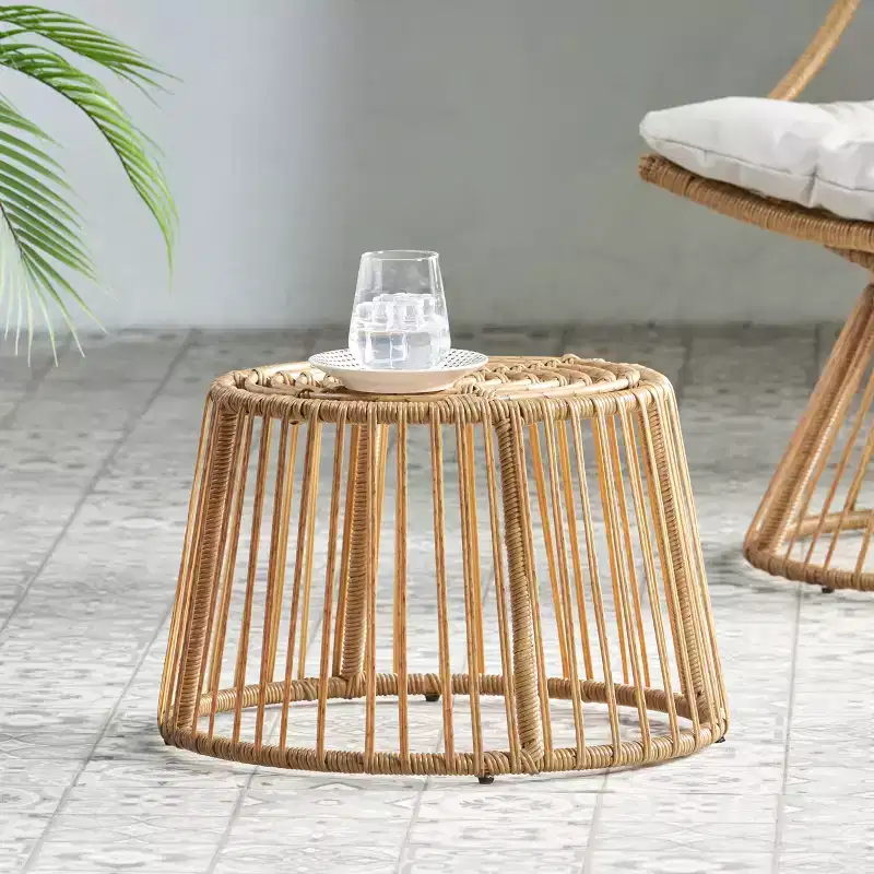 Round Rattan Patio Side Table, Bohemian Style Outdoor Indoor Accent Table for Garden Balcony Living Room
