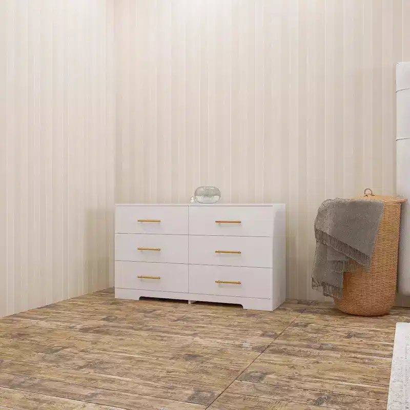 White 6-Drawer Double Dresser with Gold Handles