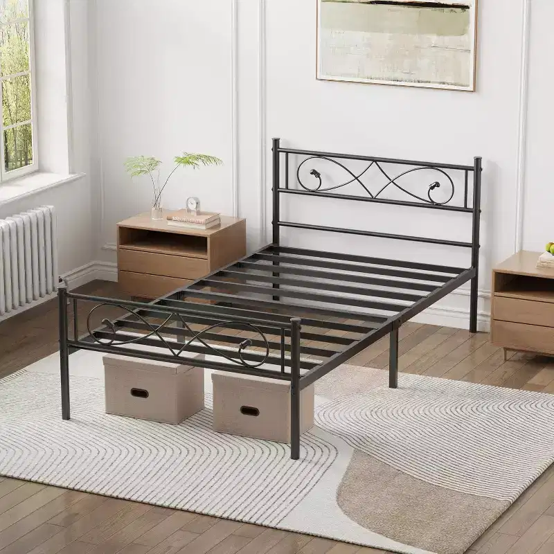 Platform Bed Frame, Metal with Unique First Design Headboard, Under Bed Storage, No Box Spring Required, Easy Assembly Noise Free