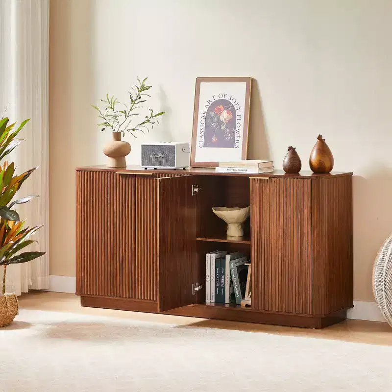 63 Vertical Stripe Buffet Cabinet Sideboard with Storage, Curved Wave Design, Multi-Functional TV Stand for Living Room, Bedroom, Walnut