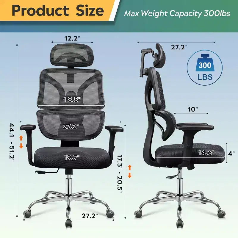 Ergonomic Big and Tall Office Chair, Adjustable Mesh Desk Chair with Lumbar Support and Armrests, Reclining for Long Hours