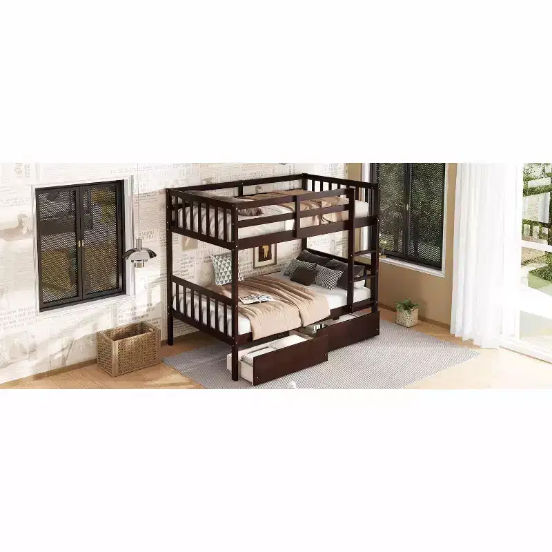 Twin Over Twin Rubber Wood Bunk Bed with Drawers Loft Bunk Bed with Ladder & Safety Guardrail for Teens, Convertible into 2 Twin Beds