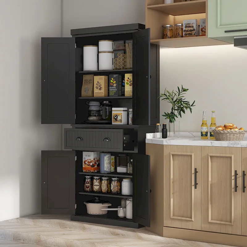 Black Freestanding Pantry Cabinet with Drawer, Doors & Adjustable Shelves – 1-Person Assembly
