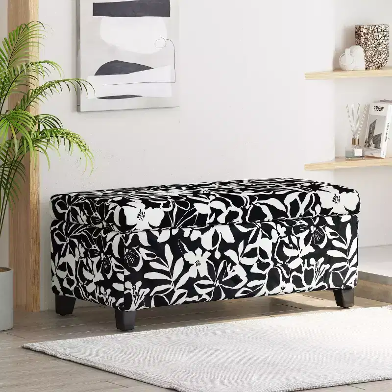Contemporary Wood Upholstered Rectangle Storage Ottoman with Floral Pattern