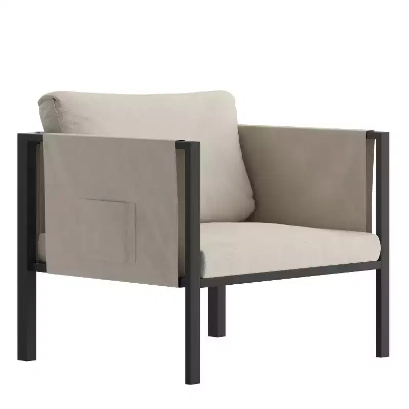 Emma and Oliver Indoor Outdoor Patio Lounge Chair, Steel Framed Club Chair with Cushions and 2 Storage Pockets