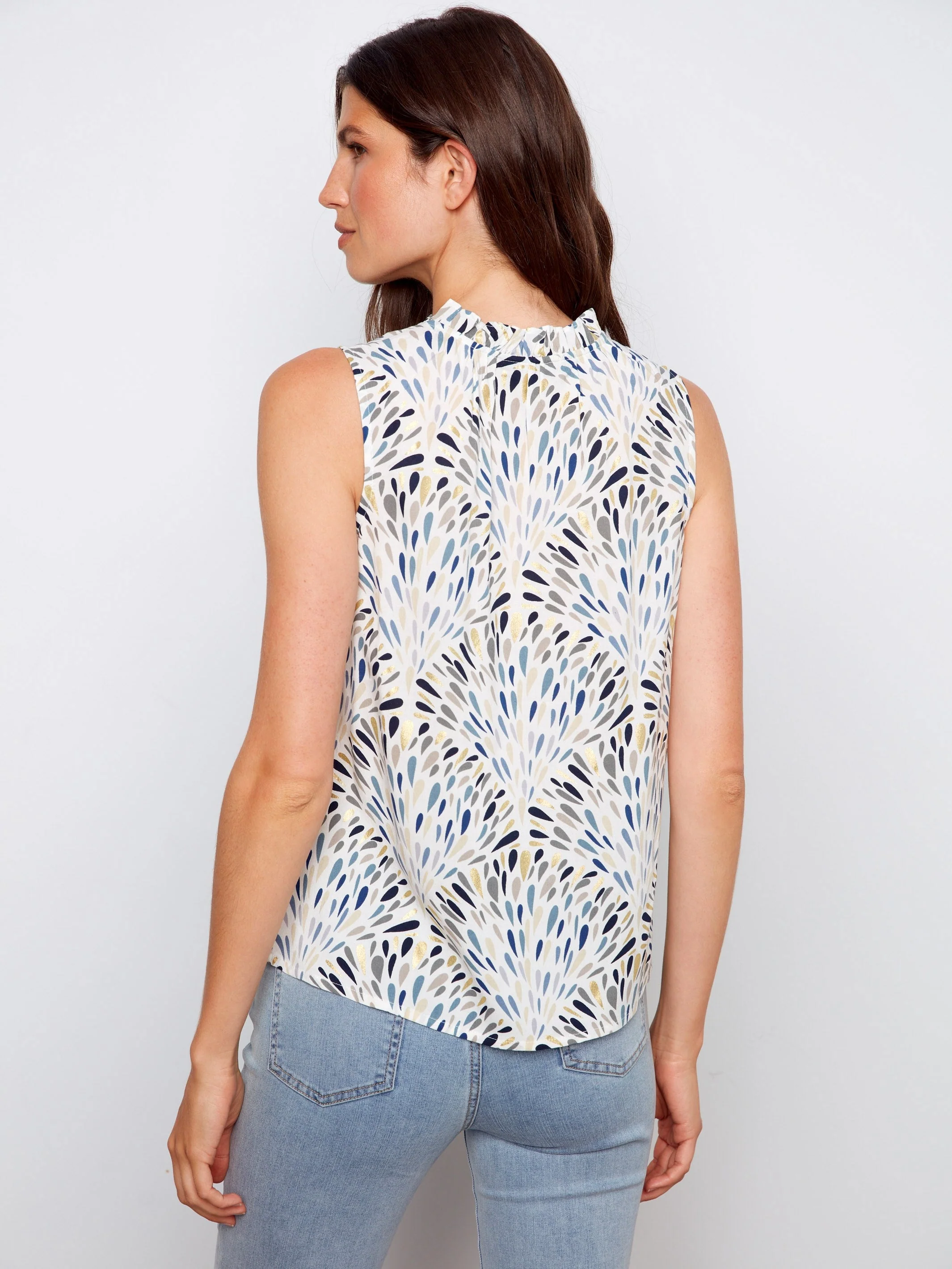 Printed Sleeveless Ruffle Neck Top - White Blue Abstract