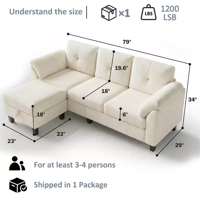 79 Inch Modern 3-Seater Sofa with Movable Ottoman & Storage, Flannel, Fir Wood Frame