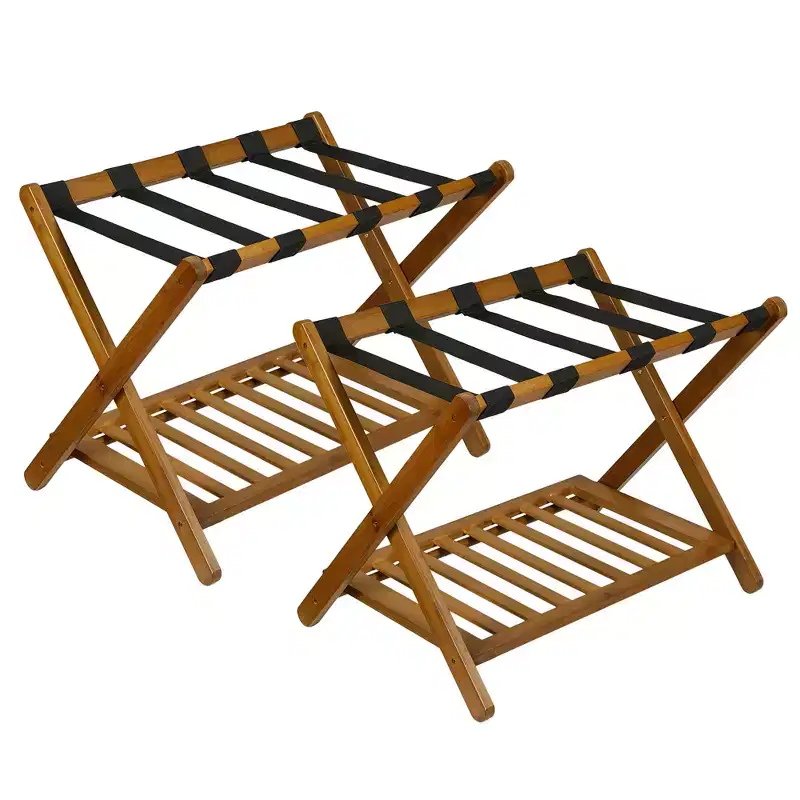 2-Pack Folding Bamboo Luggage Rack with 2-Tier Shelf  Heavy-Duty Walnut Suitcase Stand for Guest Rooms & Hotels