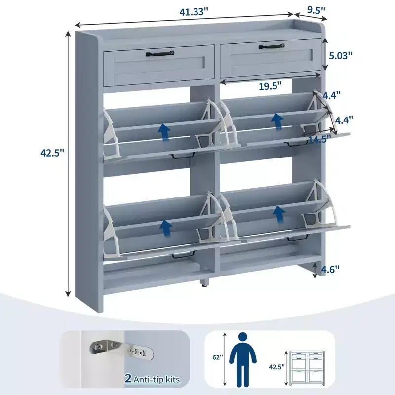 Shoe Cabinet with 4 Flip Drawers & 2 Top Drawers, Wooden Shoe Organizer Cabinet with Adjustable Shelf, Freestanding Shoe Storage Cabinets