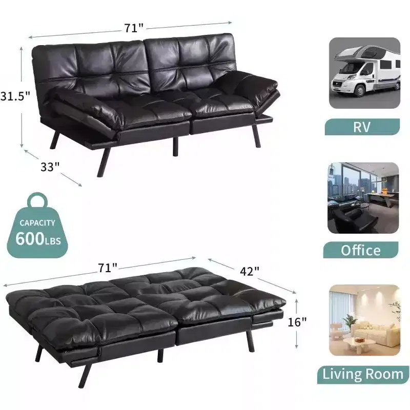 Dyonery 71 Convertible Futon Sofa Bed, Memory Foam Loveseat Sleeper, Adjustable Backrest & Armrests, Modern Couch for Home Office