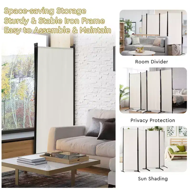 4-Panel 5.6ft Room Divider Folding Fabric Privacy Screen with Steel Frame White/Black/Brown