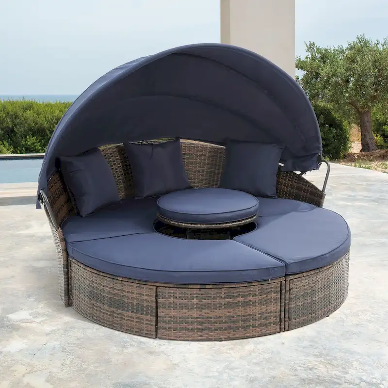Navy Blue Outdoor Daybed with Adjustable Canopy & Convertible Design