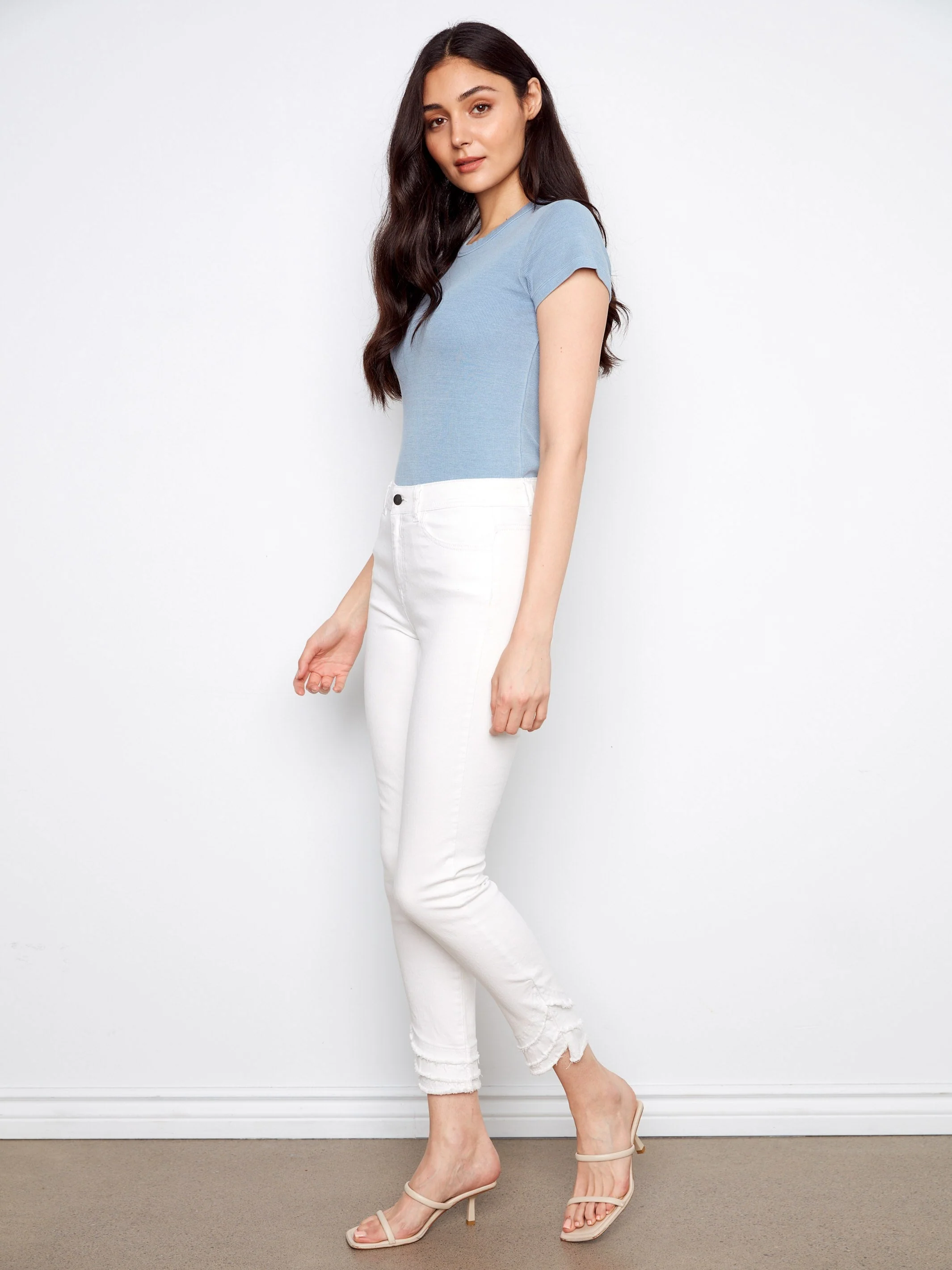 Frayed Hem Twill Pants - White