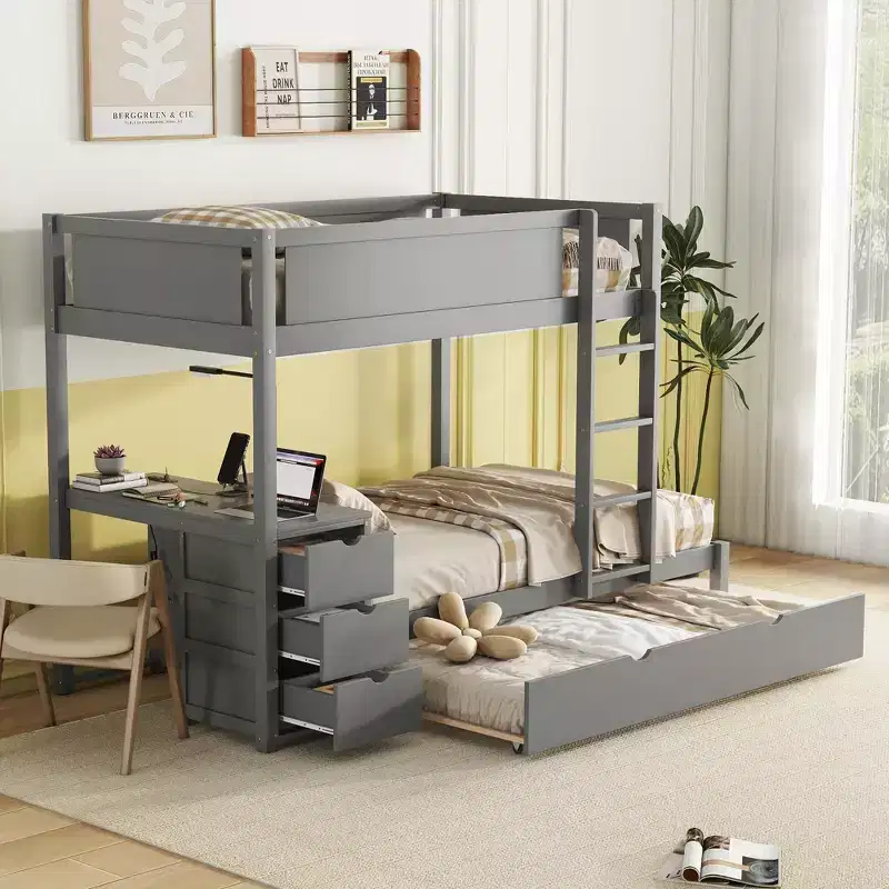 Bunk Bed with Trundle and Desk, Solid Wood Bunk Bed Frame with Storage Drawers and shelves for Kids Adults Bedroom