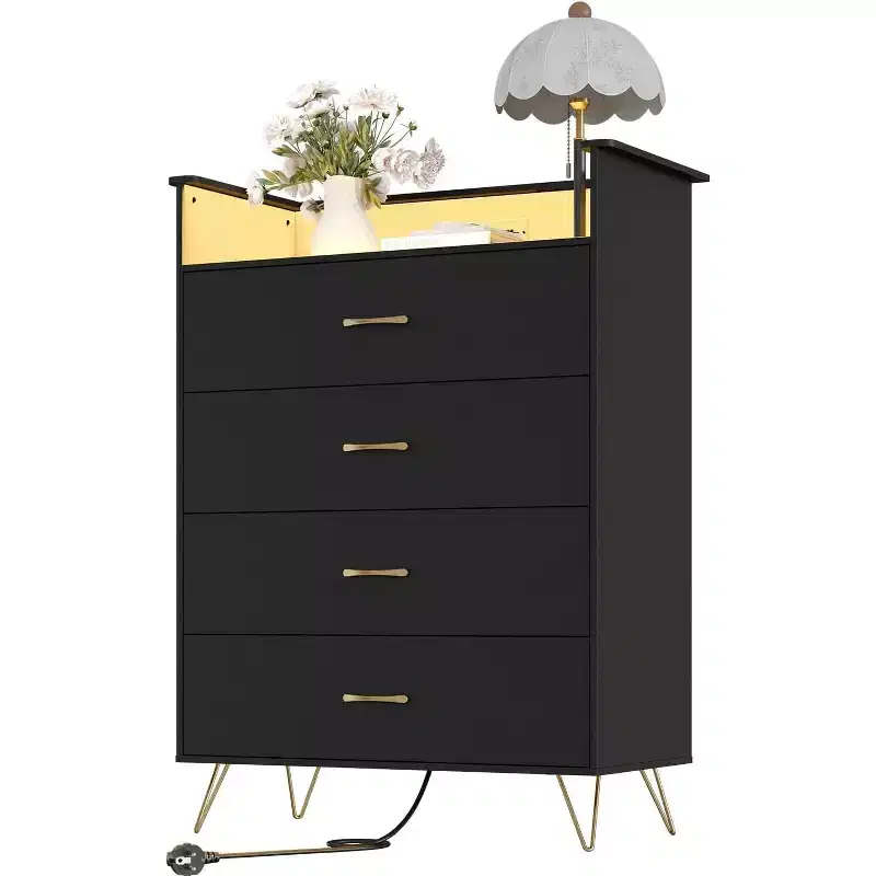 Dresser with Charging Station  4-Drawer Tall Wooden Chest  Large Storage Cabinet for Bedroom, Living Room, or Closet