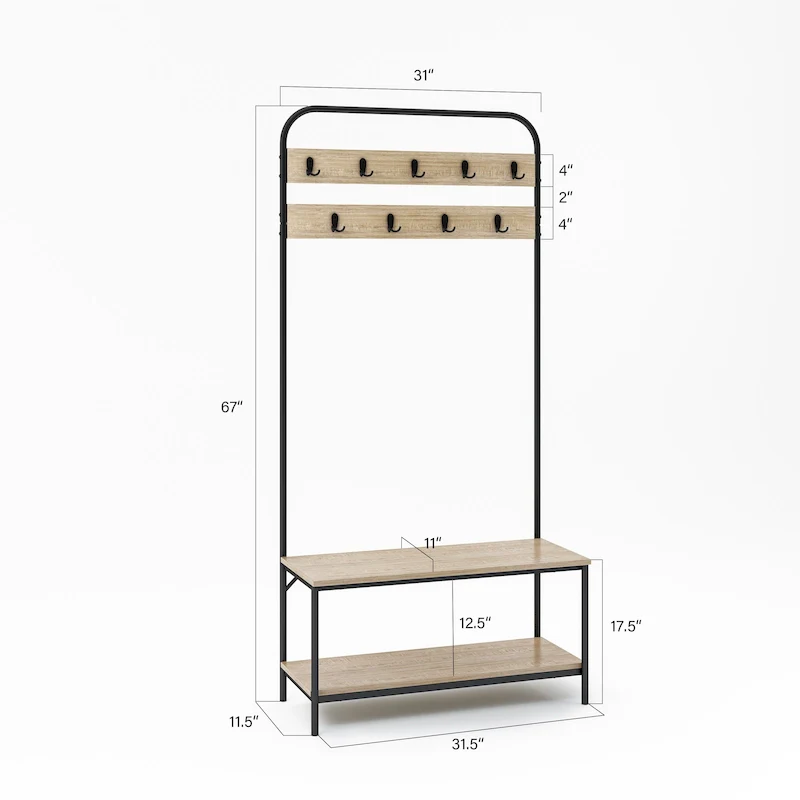 Oak Color Hall Tree 32 Wide with Bench and Shoe Storage - 31.5*11.5*67 inches