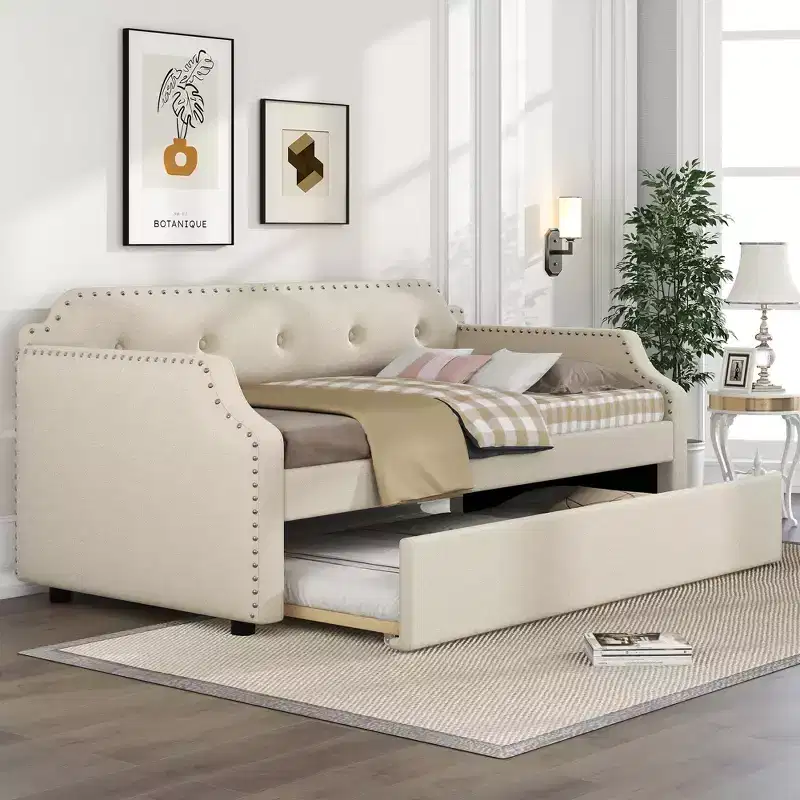 Whisen Twin Size Upholstered Daybed with Trundle, Wood Slat Support, Upholstered Frame Sofa Bed