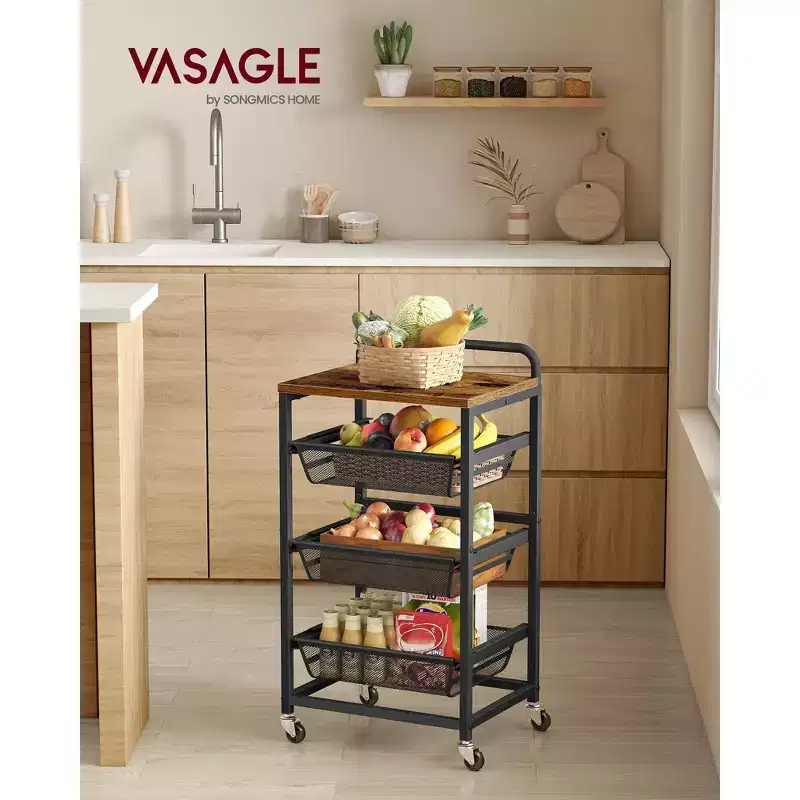 VASAGLE Storage Cart with Pull-Out Baskets, 4-Tier Kitchen Cart with Wheels, Handle, 12.5 x 15.8 x 29.8 Inches, Rustic Brown and Ink Black