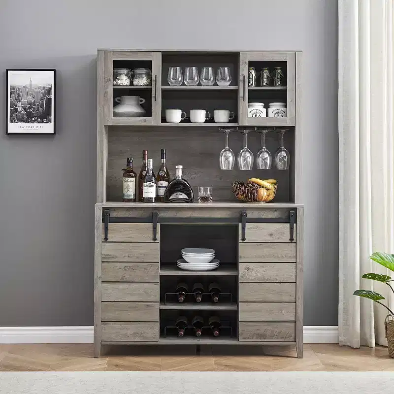 70'' Tall Farmhouse Coffee Bar Cabinet, Kitchen Hutch Storage with Sliding Barn Door, Tall Sideboard Buffet with Wine Rack, Home Bar, Gray