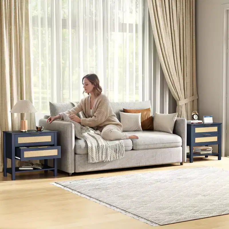 Rattan 2 Drawer Nightstand for Bedroom and Living Room