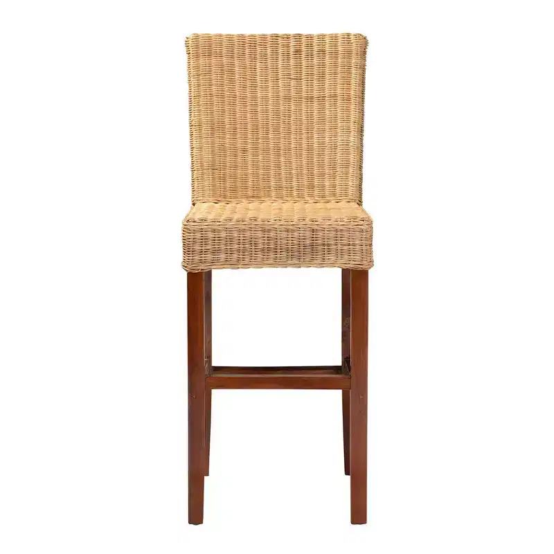 Natural Rattan & Mahogany Wood Barstool, Ergonomic, No Assembly Required