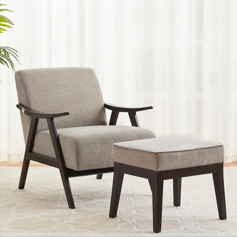 Mid Century 27.7 Upholstered Arm Chair with Solid Wood Frame and Ottoman