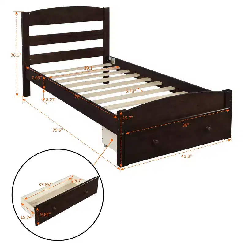 Platform Twin Bed Frame with Storage Drawer and Wood Slat Support No Box Spring Needed Espresso