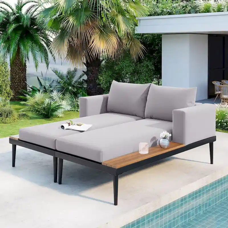 Outdoor Patio Daybed with Acacia Wood Side Spaces