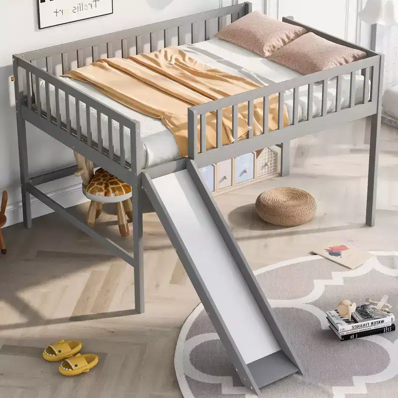 Low Loft Bed with Slide, Kids WoodenLoft Bed Frame with High Guardrail for Girls Boys