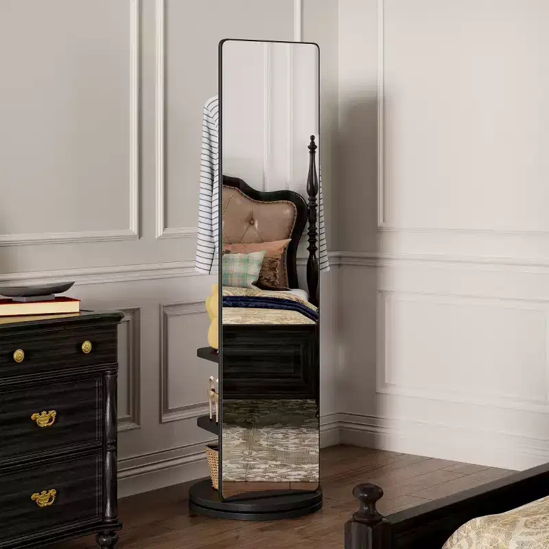 69 Full Length Mirror with Stand, 360 Rotating Solid Wood Freestanding Mirror with Hooks & Coat Rack for Bedroom or Living Room