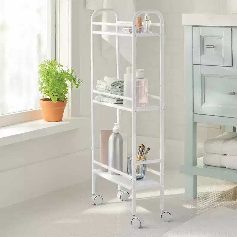 3-Shelf Narrow Metal Storage Cart, Rolling Wheels, Side Handles, White, 35.63