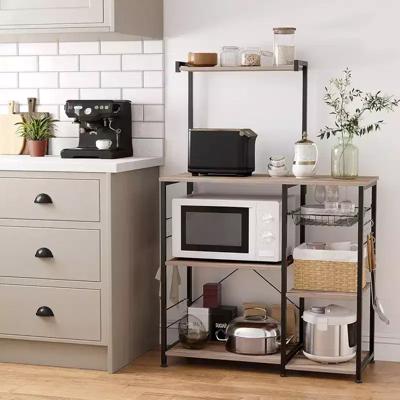 VASAGLE Baker's Rack Microwave Stand Kitchen Storage Rack with Wire Basket 6 Hooks & Shelves for Spices Pots & Pans