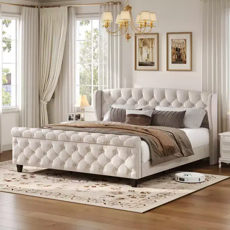 Whisen 43.3 King Sleigh Platform Bed Frame with Wingback Headboard, Scroll Footboard, Button Tufted Velvet, Rust-Resistant Hardware, Easy Assembly
