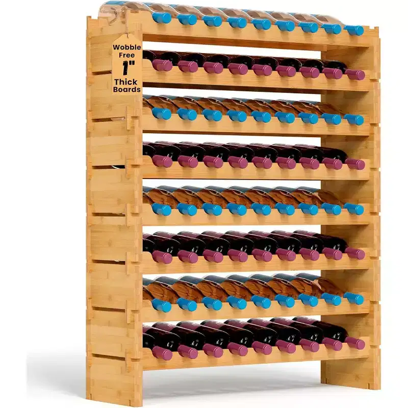NutriChef 72 Bottle Wine Rack  Stackable Bamboo Freestanding Wine Storage - SLWMDSF226