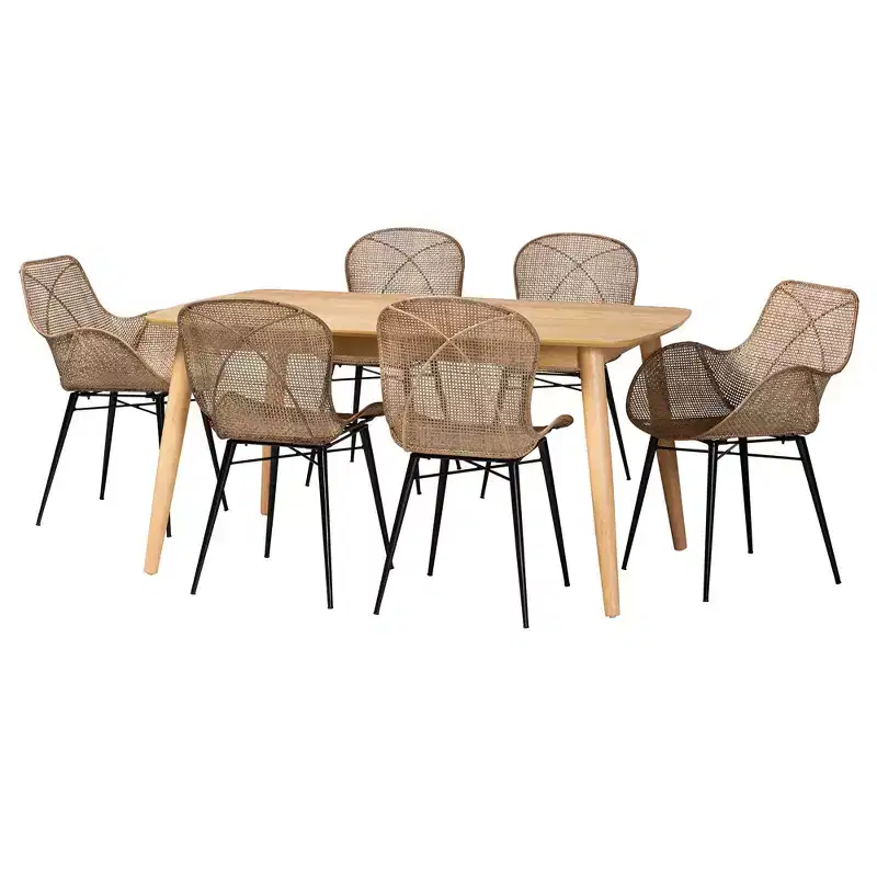 Baxton Studio Emmali Modern Bohemian Rattan and Wood 7-Piece Dining Set