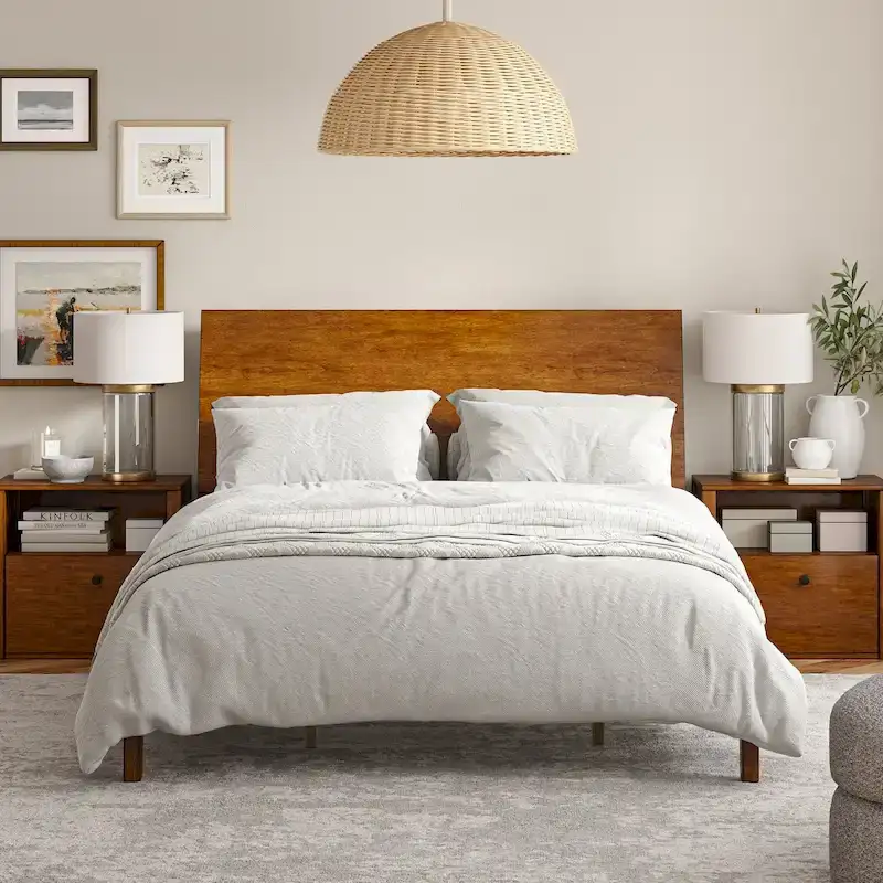 Mid-Century Modern Solid Wood Platform Bed with USB Ports and Storage Space