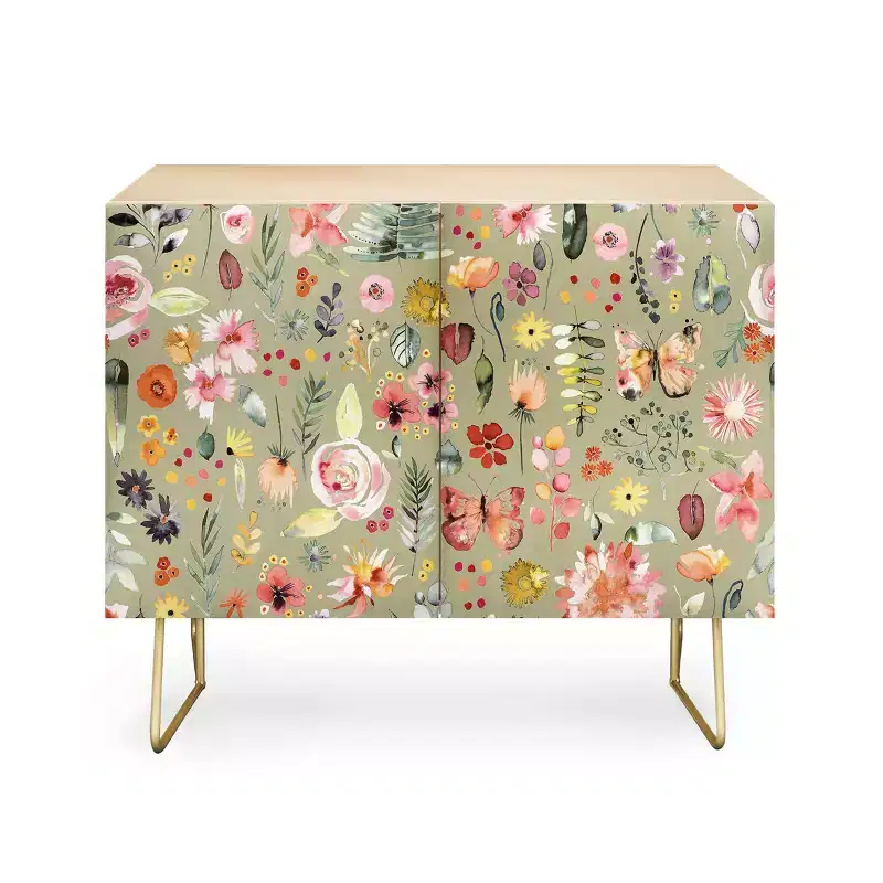 Countryside Colorful Plants Mid-Century Credenza - Baltic Birch, Green/Gold